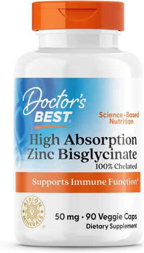 Doctor's Best Bisglicinato de zinc de alta absorción, 50 mg de alta potencia que apoya la mejora del sistema inmunológico antioxidante VC, 90