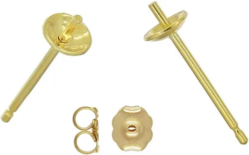 Adabele 200 postes hipoalergénicos chapados en oro amarillo de 18 quilates de 0.118 pulgadas, taza de perlas pequeñas, 200 piezas de espaldas de