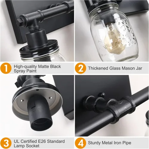 Miniatura 2 de Lámpara de tocador de baño de 2 luces, lámpara de baño negra, aplique de pared industrial de granja con pantallas de vidrio, lámpara de tocador
