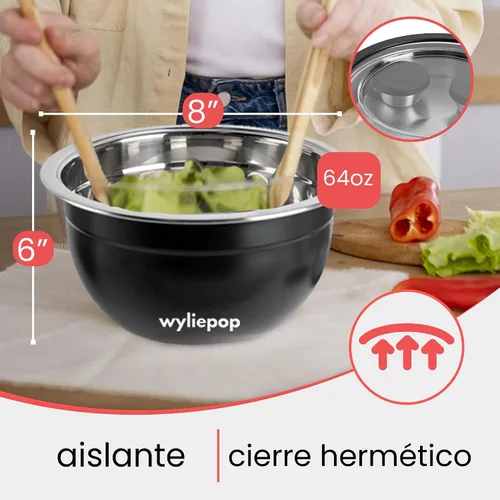 Miniatura 5 de Kit de Ensaladera de Acero Inoxidable de 64 oz y Juego de Cubiertos de Bambú de 3 Piezas con 2 Recipientes para Condimentos, Bandeja Insertable