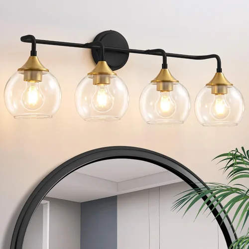Miniatura 17 de Lámpara de Tocador de Baño Dorada con Pantalla de Vidrio Transparente, Base E26, Luminarias de Baño de 2 Luces Sobre Espejo, Luces de Tocador de 14