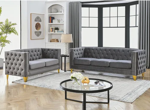 Miniatura 13 de Sofá de terciopelo de 3 plazas, cómodos sofás para sala de estar, sofá moderno con respaldo copetudo y decoración de remaches, sofá largo tapizado
