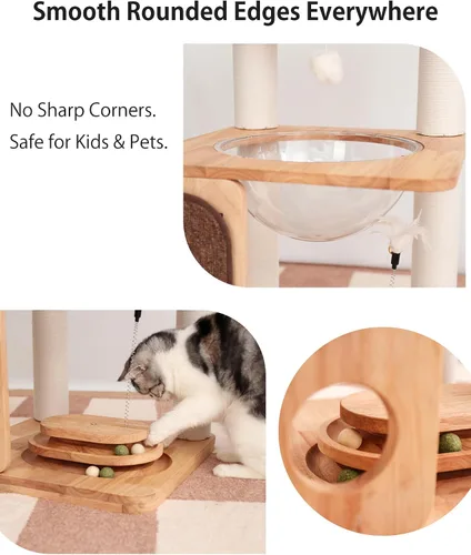 Miniatura 6 de Árbol de madera para gatos grandes, torre moderna para gatos con estantes anchos, postes rascadores de algodón, base súper resistente, perchas