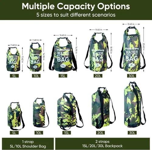 Miniatura 3 de Bolsa seca impermeable de 5L/10L/15L/20L/30L Mochila de almacenamiento en seco con funda para teléfono, botella de agua plegable, gafas de sol, Verde