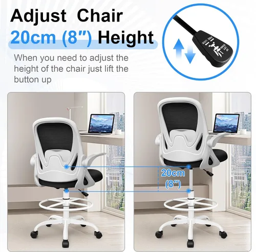 Miniatura 6 de Silla de dibujo alta de oficina con reposabrazos abatibles, altura ajustable y soporte lumbar mejorado, taburete ergonómico rodante, soporte