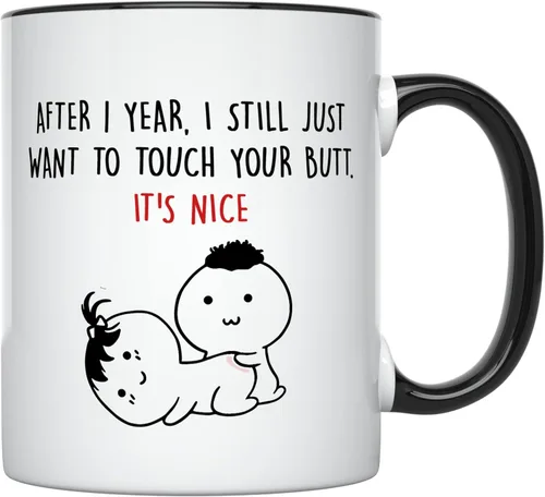 YouNique Designs Taza de café de aniversario de un año, 11 onzas, Taza del primer aniversario para esposa, 1 Año Fechado Taza para ella (Mango negro)