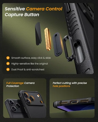 Miniatura 7 de Funda para iPhone 17 Pro, compatible con MagSafe, soporte integrado y botón de captura de control de cámara, protección de grado militar, funda Negro