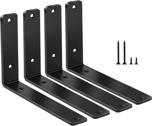 Paquete de 4 soportes de hierro en L, negro, 6 pulgadas de largo x 4 pulgadas de alto x 1.5 pulgadas de ancho, 13/64 pulgadas de grosor, para