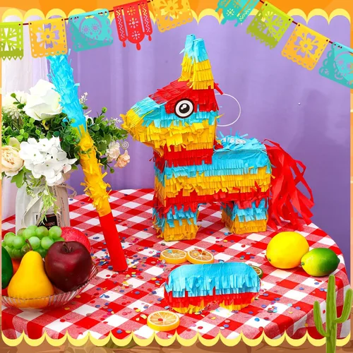 Miniatura 3 de Lenwen Donkey Piata - Paquete de 16 x 10 x 3 pulgadas con palo, venda y confeti para fiesta mexicana, cumpleaños de niños, decoración de fiesta