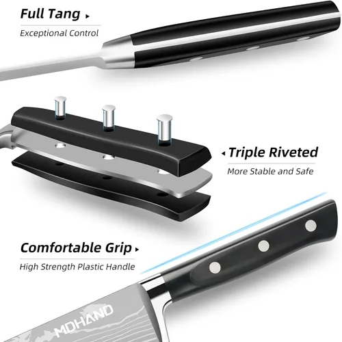 Miniatura 4 de MDHAND - Juego de cuchillos de chef profesional con bolsa enrollable, juego de 9 cuchillos de cocina japoneses con afilador, cuchillos de cocina