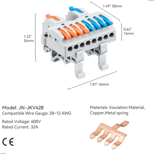 Miniatura 5 de 6 piezas de bloques de terminales de riel DIN, conectores de alambre de empalme DIY para circuito en línea 28-12AWG (2 en 8 salida)