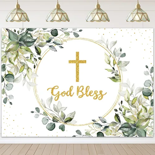 Mocsicka Telón de fondo verde y dorado para bautizo, fondo verde y dorado, para primera comunión, bautizo, fiesta, pastel, decoración de mesa,