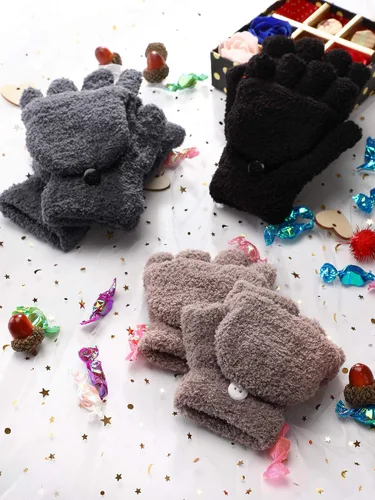 Miniatura 6 de 3 pares de guantes sin dedos para niños, guantes convertibles con tapa abatible, guantes de punto suave de invierno para niños y niñas