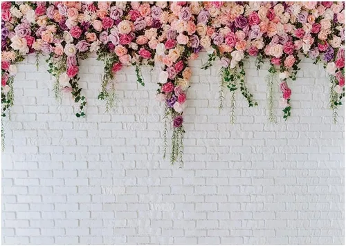 Telón de fondo floral de pared de ladrillo blanco de 7 x 5 pies con flores colgantes, telón de fondo de fotos de jardín de primavera para despedida