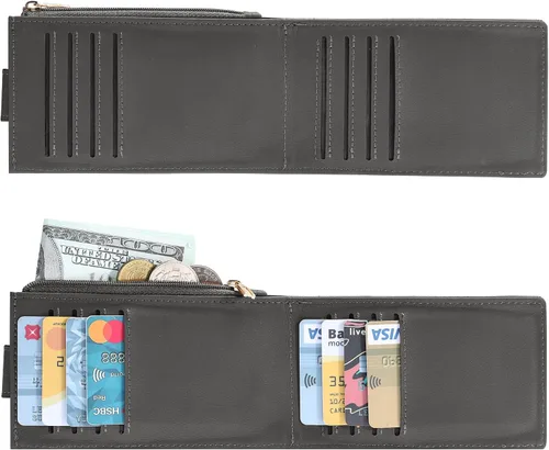 Miniatura 5 de Chelmon Billetera delgada para mujer, con bloqueo RFID, plegable, con bolsillo con cremallera, Gris oscuro con llavero, Minimalista
