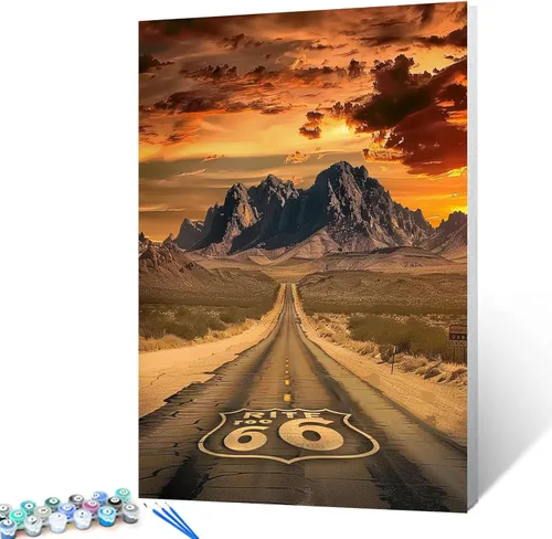 Miniatura 12 de America Route 66 - Pintura de montaña al atardecer por números, 16 x 20 pulgadas, lienzo de paisaje de EE. UU., pintura acrílica al óleo para niños