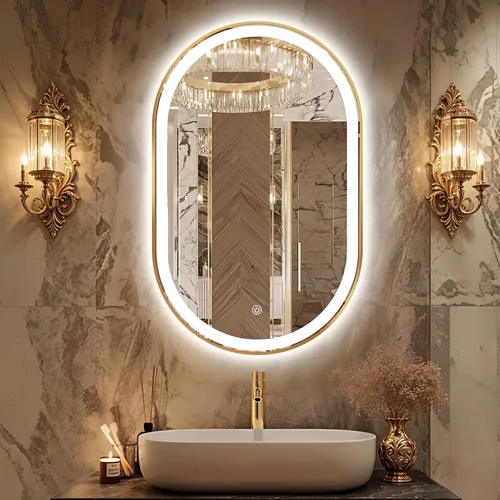 Miniatura 16 de Espejo de baño LED ovalado, espejo retroiluminado de 36 x 24 pulgadas con luz para pared con marco negro, antivaho, regulable, frontal, 3
