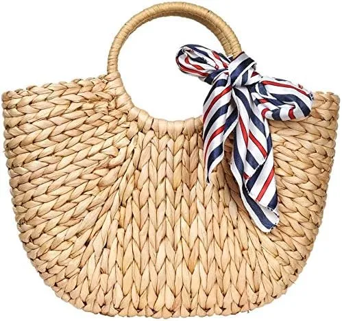 Bolso Hobo grande de paja tejida a mano para mujer, con asa redonda, anillo Toto Retro Summer Beach Straw Bag