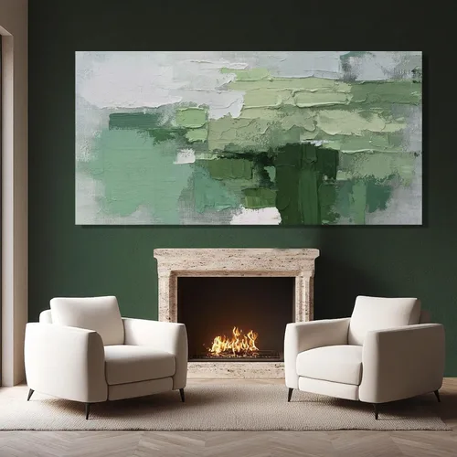 Miniatura 3 de SHEYOYE Lienzo abstracto de montaña gris azul y gris pardo con colinas verde oliva, 32 x 71 pulgadas, decoración de paisaje con textura grande