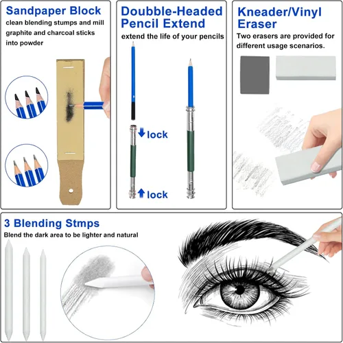 Miniatura 4 de Handyman Crafts Juego de 50 lápices de dibujo para bocetos Lápices de dibujo, grafito, carbón, libro de bocetos, suministros de dibujo En