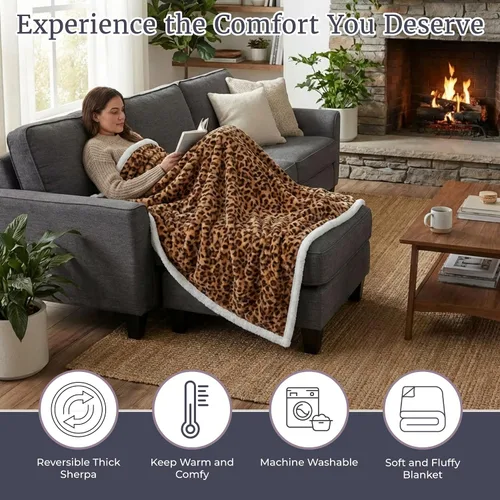 Miniatura 5 de Manta Sherpa de Vellón - 50x60 Pulgadas Lavable a Máquina Manta Reversible - Mantas Mullidas para Sofá, Silla o Cama por Lavish Home (Leopardo)