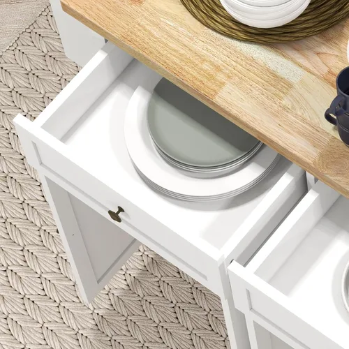 Miniatura 9 de HOMCOM Carrito de Isla de Cocina con Superficie de Madera de Caucho, Mesa de Isla de Cocina Rodante sobre Ruedas con Cajones, Estantes Ajustables