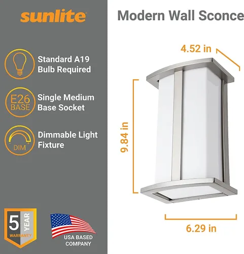 Miniatura 2 de Sunlite 46094 Lámpara moderna de pared, enchufe de base media (E26), bombilla no incluida, 60 vatios máximo, interior, pantalla ópalo, níquel