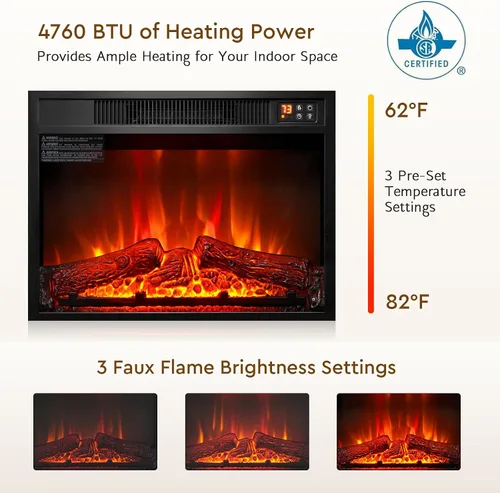 Miniatura 4 de Chimenea eléctrica de 23 pulgadas, calentador eléctrico de inserción de chimenea negra infrarroja 3D, con control remoto IR, vista de vidrio