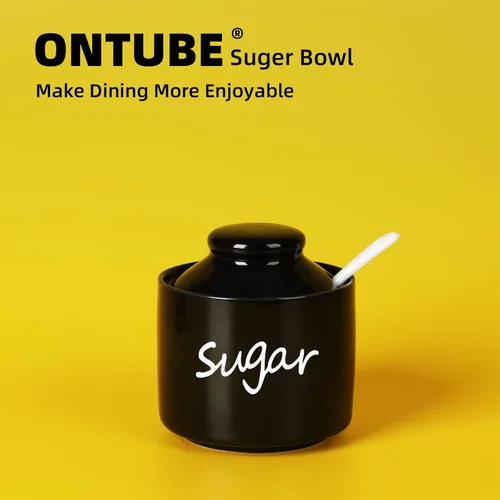 Miniatura 8 de ONTUBE Azucarero de cerámica con tapa y cuchara, tarro de azúcar de porcelana, 8oz (Negro)
