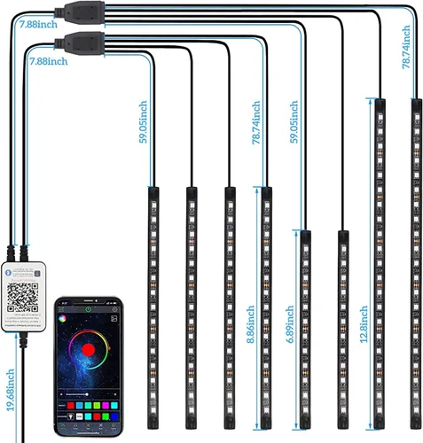 Miniatura 9 de Juego de 8 luces LED para motocicleta, control por aplicación, multicolor, kit de luces LED para motocicleta, sincronización de música, tiras