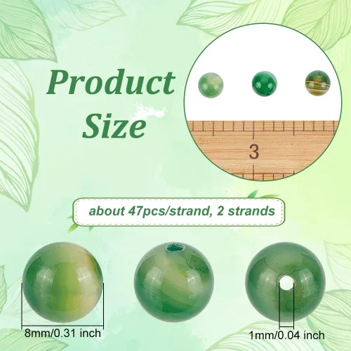 Miniatura 2 de OLYCRAFT Acerca de 94 cuentas de ágata natural de 0.315 pulgadas (0.315 in) teñidas de ágata verde a rayas verdes, cuentas redondas sueltas