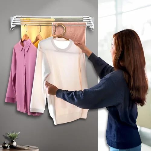 Miniatura 9 de Estante de secado de ropa montado en la pared, retráctil y plegable, 80 cm de ancho, 4 metros lineales, 5 varillas de aluminio resistentes, Blanco