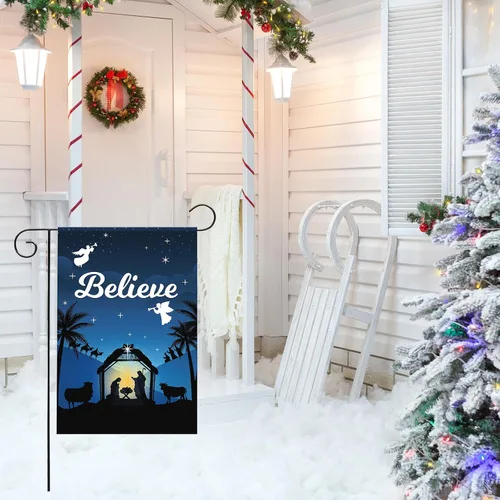 Miniatura 4 de Bandera de Jardín Navideña de 12 x 18 Pulgadas Believe Jesus Decoraciones de Invierno - Bandera de Patio de Vacaciones de Granja Rústica de Noche