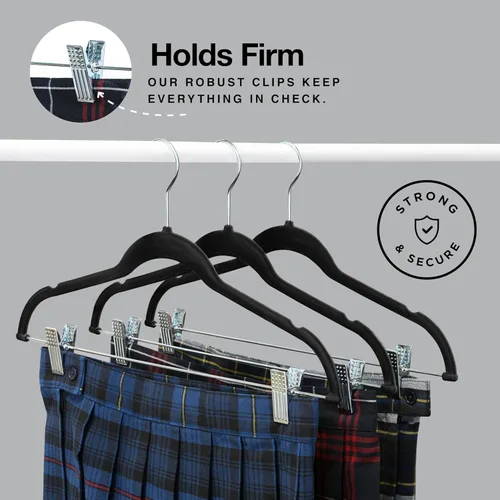 Miniatura 3 de Home-it - Perchas para pantalones con clips, 10 unidades, terciopelo negro, antideslizante, ahorro de espacio para pantalones, faldas, abrigos