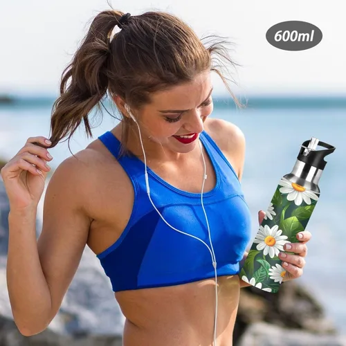 Miniatura 6 de BPA-Free Sports Water Bottle 32 Oz, Insulated Stainless Steel Water Bottle with Straw for Gym Outdoor Travel School, White Daisy Flowers Green Leaves