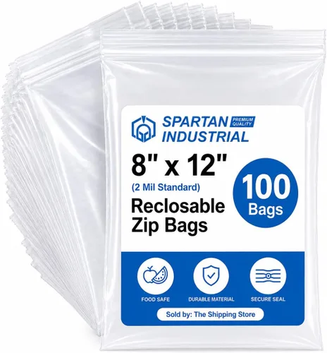 Spartan Industrial - 8 x 12 pulgadas (100 unidades) Bolsas de polietileno de plástico transparente con cierre de 2 mil con cierre resellable y