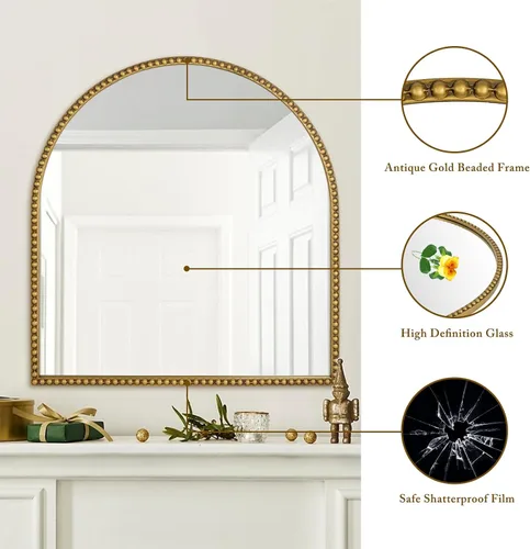 Miniatura 3 de Espejo de baño arqueado de 33 x 31 pulgadas, espejo de pared dorado antiguo, marco de cuentas de metal, espejo de tocador para tocador, sala de Arco