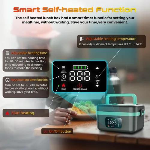 Miniatura 3 de Fiambrera eléctrica sin cable para almuerzo con calefacción para hombres, adultos y mujeres, batería recargable con calefacción automática