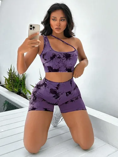 Miniatura 5 de SOLY HUX Conjunto de entrenamiento para mujer, 2 piezas, sin costuras, con un hombro, brasier deportivo, pantalones cortos de cintura alta