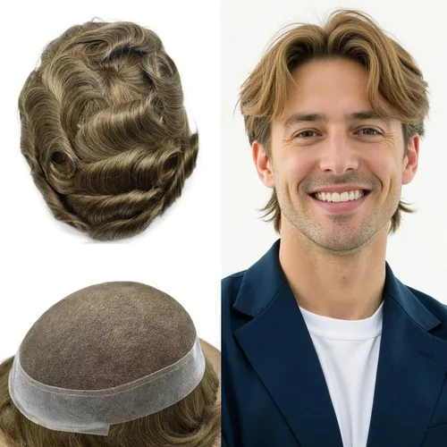 Miniatura 106 de Toupee para hombres Sistema de reemplazo de cabello humano real pieza de cabello humano para hombres encaje suizo para hombre Toupee Hair Pieces