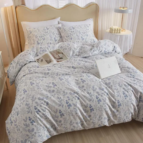 Miniatura 6 de Juego de funda de edredón blanca con estampado floral azul, juego de ropa de cama de algodón suave estilo bohemio, juego de ropa de cama estética