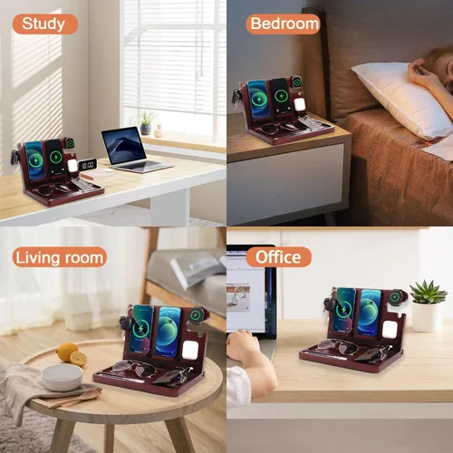 Miniatura 5 de Base de carga para teléfono de madera Xunhomon, estación de carga inalámbrica de 27W de carga rápida para 2 teléfonos para iOS/Android/iWatch/Air