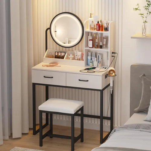 Miniatura 6 de Vabches Tocador de maquillaje con espejo redondo y luces, mesa de maquillaje blanca con estación de carga, mesa de tocador pequeña para dormitorio