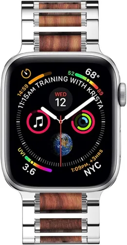 Miniatura 3 de iiteeology Correa compatible con Apple Watch, pulsera de eslabones de madera y acero natural para iWatch Series 1-11 de 1.65" (42mm), 1.61" (41mm)