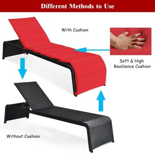 Miniatura 6 de COSTWAY 2 PCS Patio Ratán Sillón Sillón Reclinable Respaldo Ajustable Acolchado Rojo