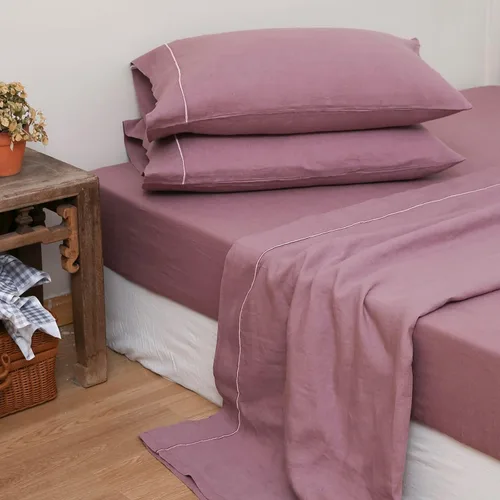 Miniatura 5 de Simple&Opulence Sábana bajera ajustable 100% lino tamaño matrimonial (1 pieza), funda de colchón de 14 pulgadas de profundidad de lino francés Morado