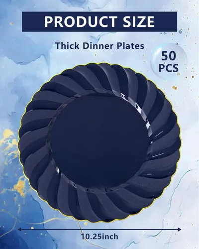 Miniatura 2 de YOUBET Paquete de 50 Platos de Plástico Azul Festoneados - Platos Desechables Azul Marino de 10.25 Pulgadas con Borde Dorado - Plato de Cena Vintage