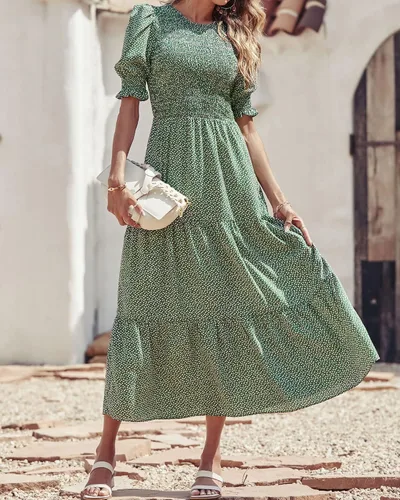 Miniatura 15 de BTFBM Vestidos para mujer, cuello redondo, casual, de verano, con volantes, manga corta, bohemio, con niveles, fruncido, largo, con estampado floral