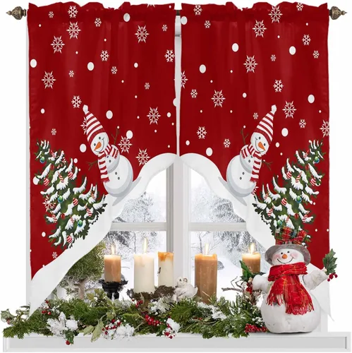 Miniatura 16 de BEMIGO Cortinas de cocina de Navidad, lindas cortinas de granja con muñeco de nieve azul, cenefa con bolsillo para barra de copos de nieve