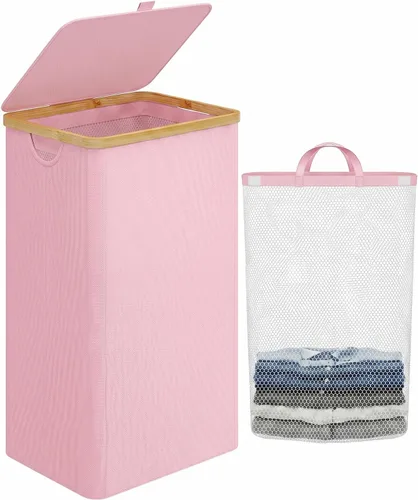 Miniatura 21 de iEGrow - Canasta de lavandería de 150 litros con tapa - Gran canasta de lavandería con asas de bambú, color gris, cestas para lavandería, cesta
